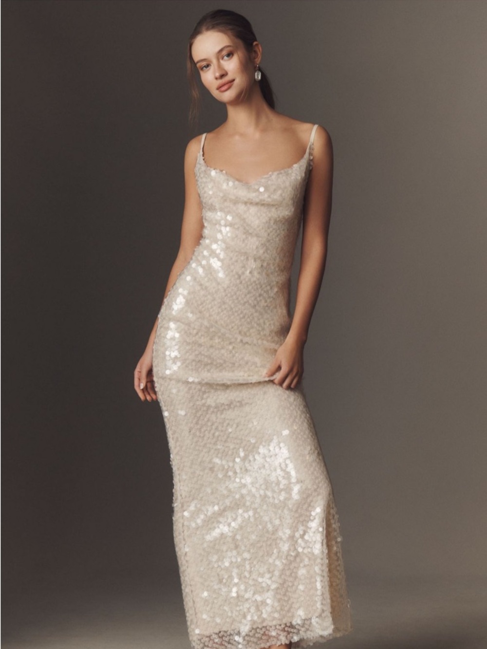 Anthropologie Ivory Sequin Dress “Mare Mare Liquid Stretch Sequin Column Maxi”